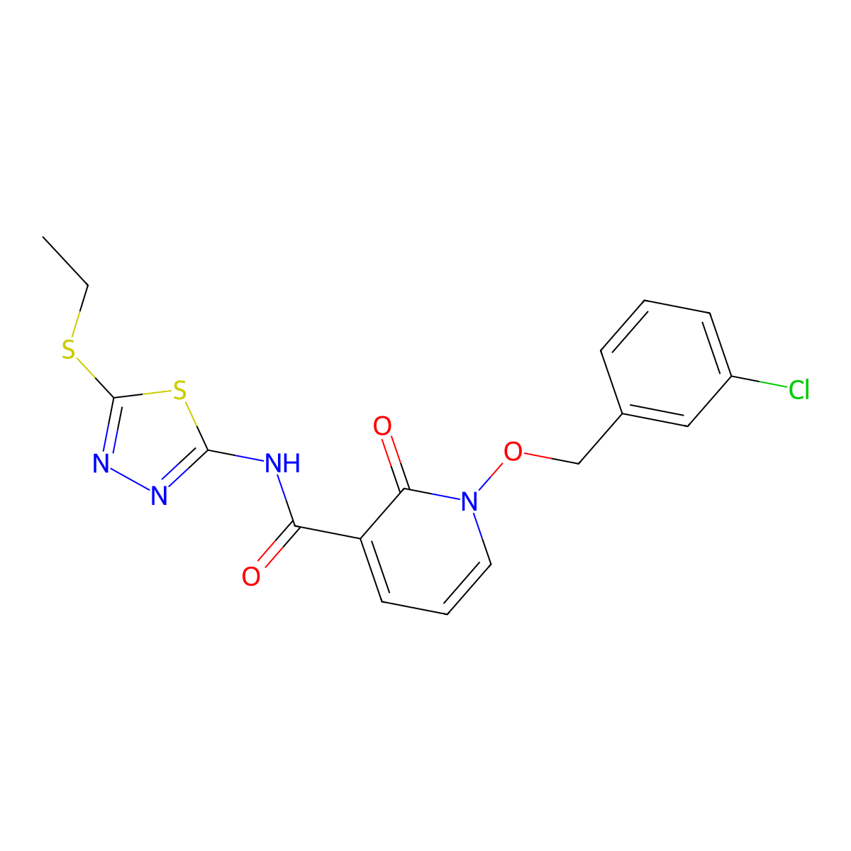1-((3-chlorobenzyl)oxy)-N-(5-(ethylthio)-1,3,4-thiadiazol-2-yl)-2-oxo-1,2-dihydropyridine-3-carboxamide molecular structure, CAS 852366-40-6
