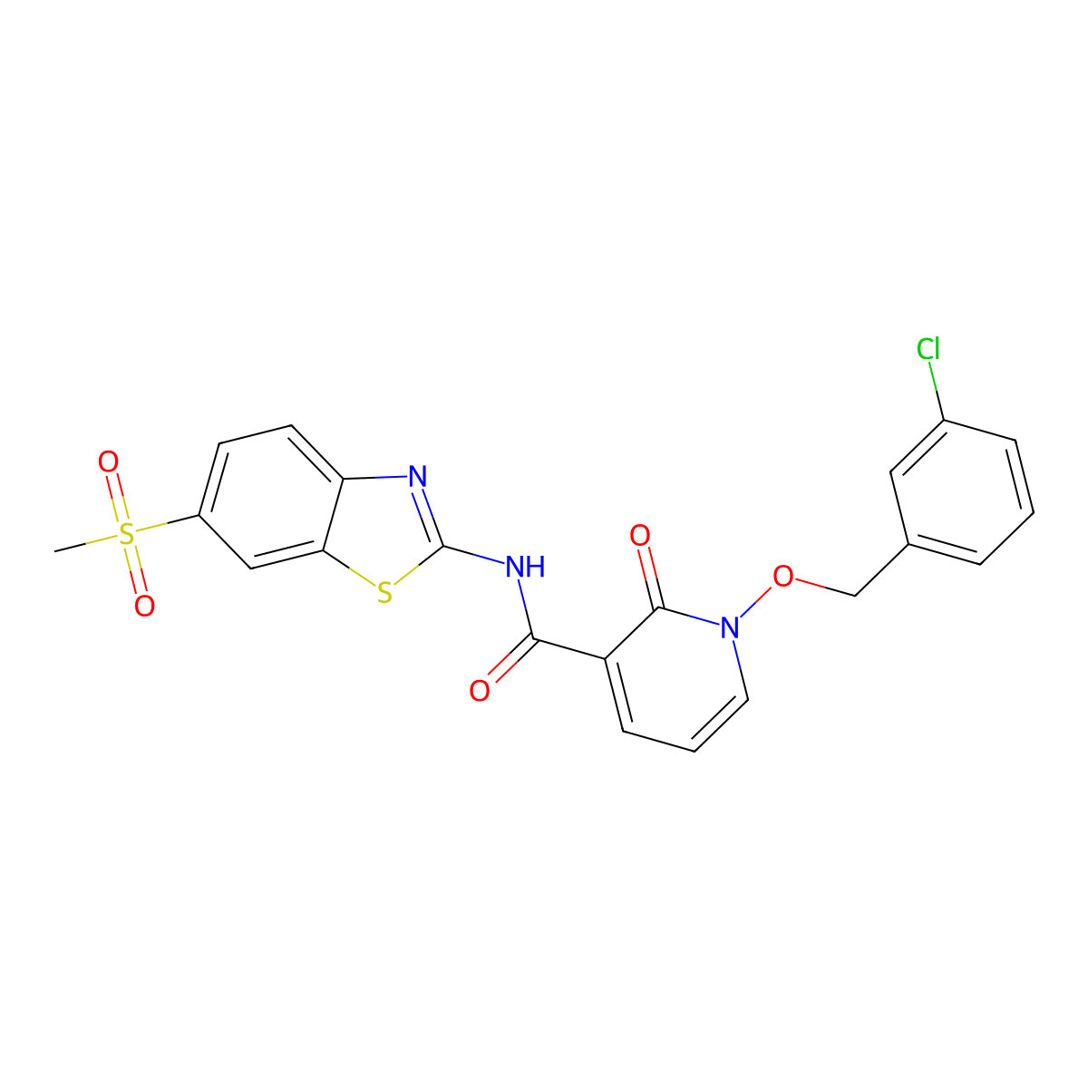 1-((3-chlorobenzyl)oxy)-N-(6-(methylsulfonyl)benzo[d]thiazol-2-yl)-2-oxo-1,2-dihydropyridine-3-carboxamide molecular structure, CAS 852366-44-0