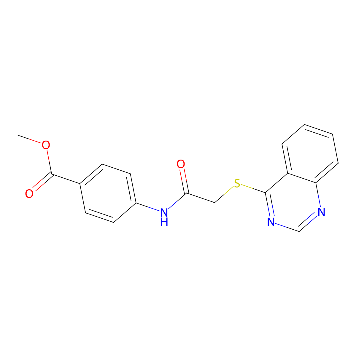 Methyl 4-(2-(quinazolin-4-ylthio)acetamido)benzoate molecular structure, CAS 852366-72-4