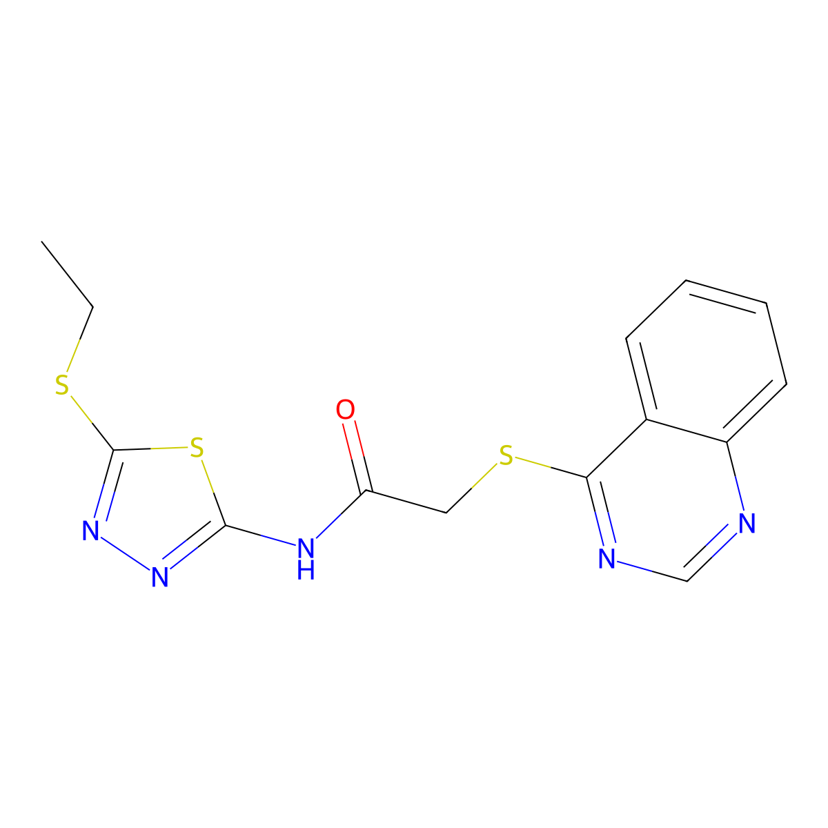 N-(5-(ethylthio)-1,3,4-thiadiazol-2-yl)-2-(quinazolin-4-ylthio)acetamide molecular structure, CAS 852366-81-5