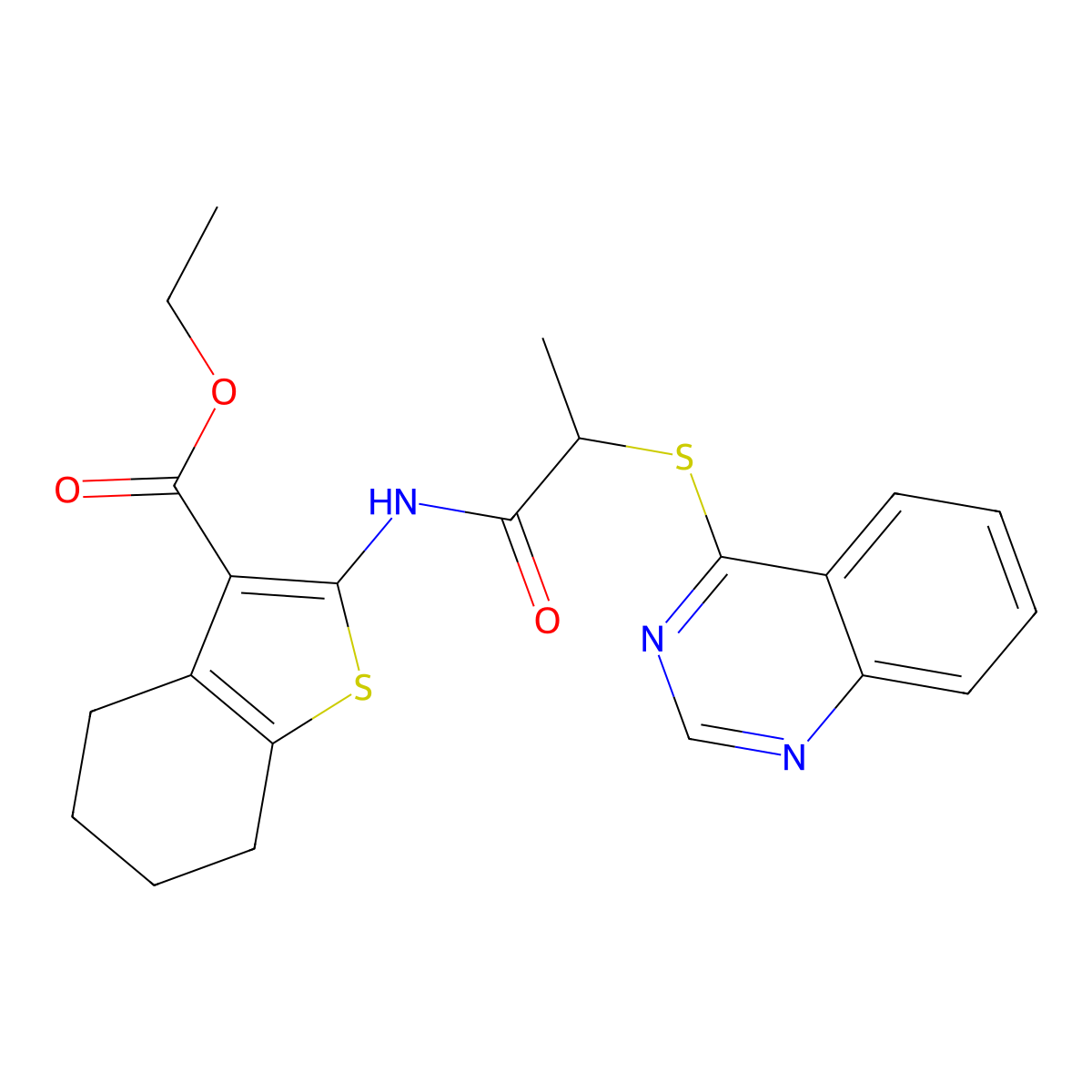 Ethyl 2-(2-(quinazolin-4-ylthio)propanamido)-4,5,6,7-tetrahydrobenzo[b]thiophene-3-carboxylate molecular structure, CAS 852366-83-7