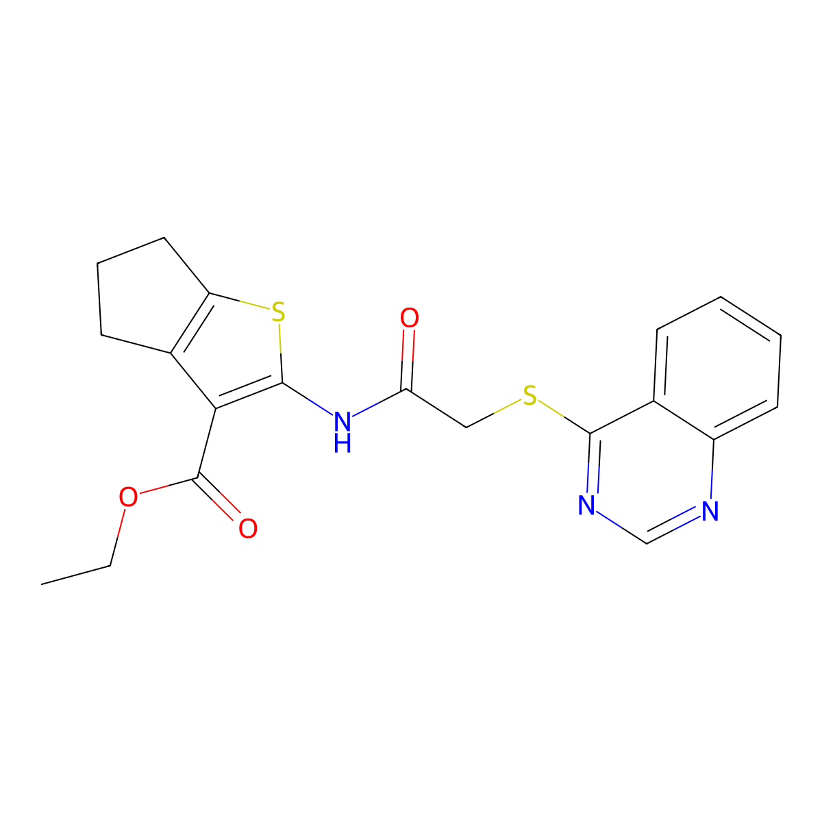 ethyl 2-(2-(quinazolin-4-ylthio)acetamido)-5,6-dihydro-4H-cyclopenta[b]thiophene-3-carboxylate molecular structure, CAS 852366-84-8