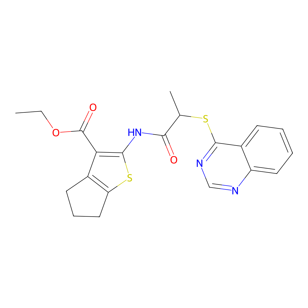 ethyl 2-(2-(quinazolin-4-ylthio)propanamido)-5,6-dihydro-4H-cyclopenta[b]thiophene-3-carboxylate molecular structure, CAS 852366-85-9