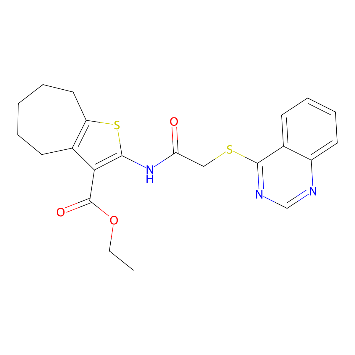 ethyl 2-[2-(quinazolin-4-ylsulfanyl)acetamido]-4H,5H,6H,7H,8H-cyclohepta[b]thiophene-3-carboxylate molecular structure, CAS 852366-86-0