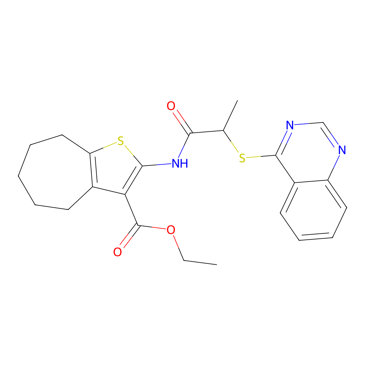 ethyl 2-(2-(quinazolin-4-ylthio)propanamido)-5,6,7,8-tetrahydro-4H-cyclohepta[b]thiophene-3-carboxylate molecular structure, CAS 852366-87-1