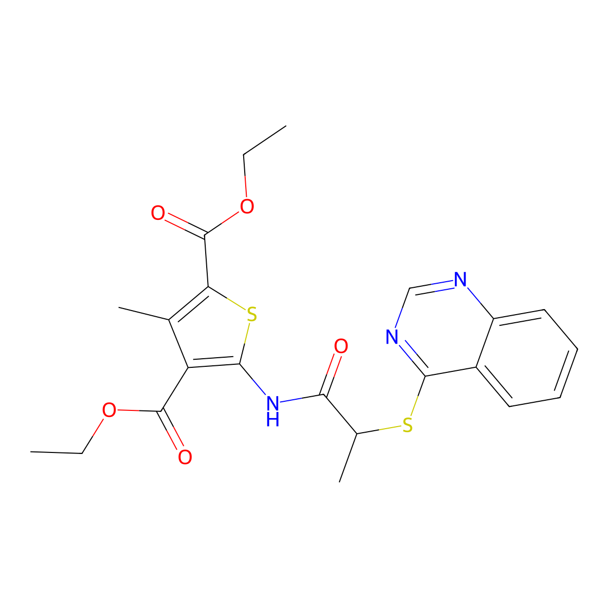 Diethyl 3-methyl-5-(2-(quinazolin-4-ylthio)propanamido)thiophene-2,4-dicarboxylate molecular structure, CAS 852366-88-2