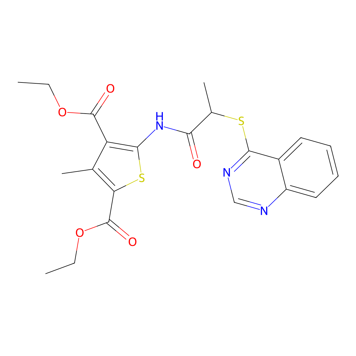 Diethyl 3-methyl-5-(2-(quinazolin-4-ylthio)propanamido)thiophene-2,4-dicarboxylate molecular structure, CAS 852366-88-2