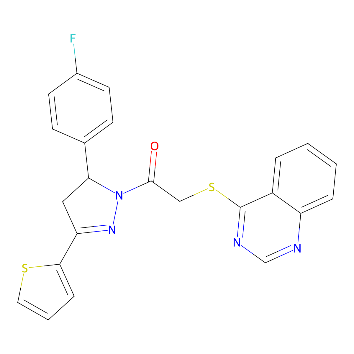 1-(5-(4-fluorophenyl)-3-(thiophen-2-yl)-4,5-dihydro-1H-pyrazol-1-yl)-2-(quinazolin-4-ylthio)ethanone molecular structure, CAS 852366-93-9