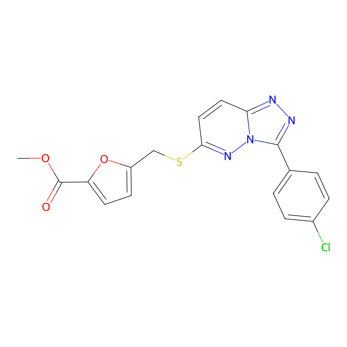Methyl 5-(((3-(4-chlorophenyl)-[1,2,4]triazolo[4,3-b]pyridazin-6-yl)thio)methyl)furan-2-carboxylate molecular structure, CAS 852373-53-6