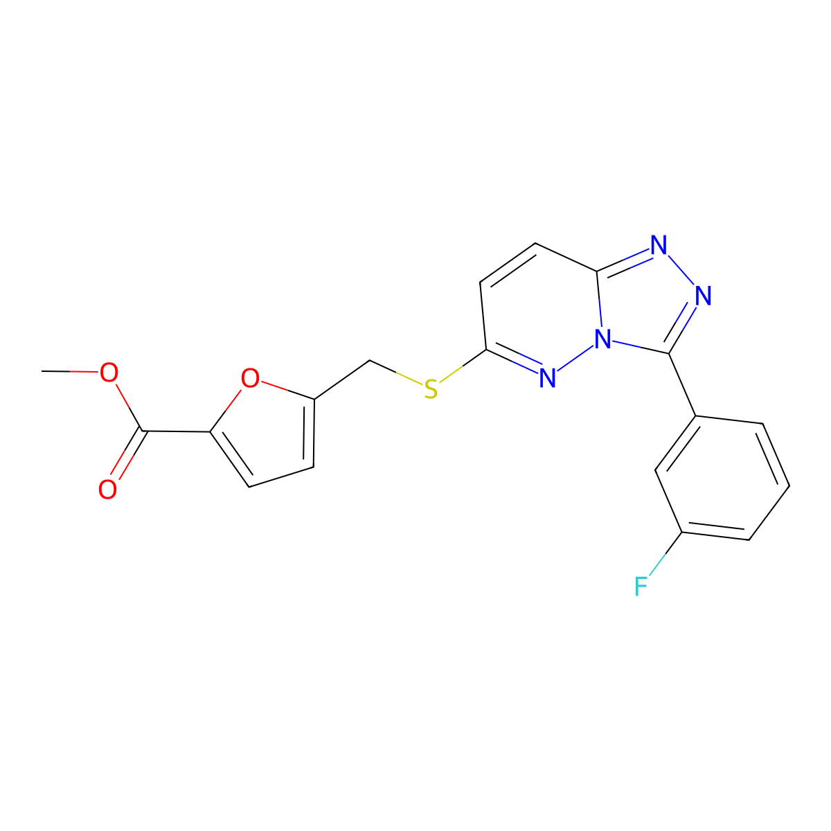 Methyl 5-(((3-(3-fluorophenyl)-[1,2,4]triazolo[4,3-b]pyridazin-6-yl)thio)methyl)furan-2-carboxylate molecular structure, CAS 852375-10-1