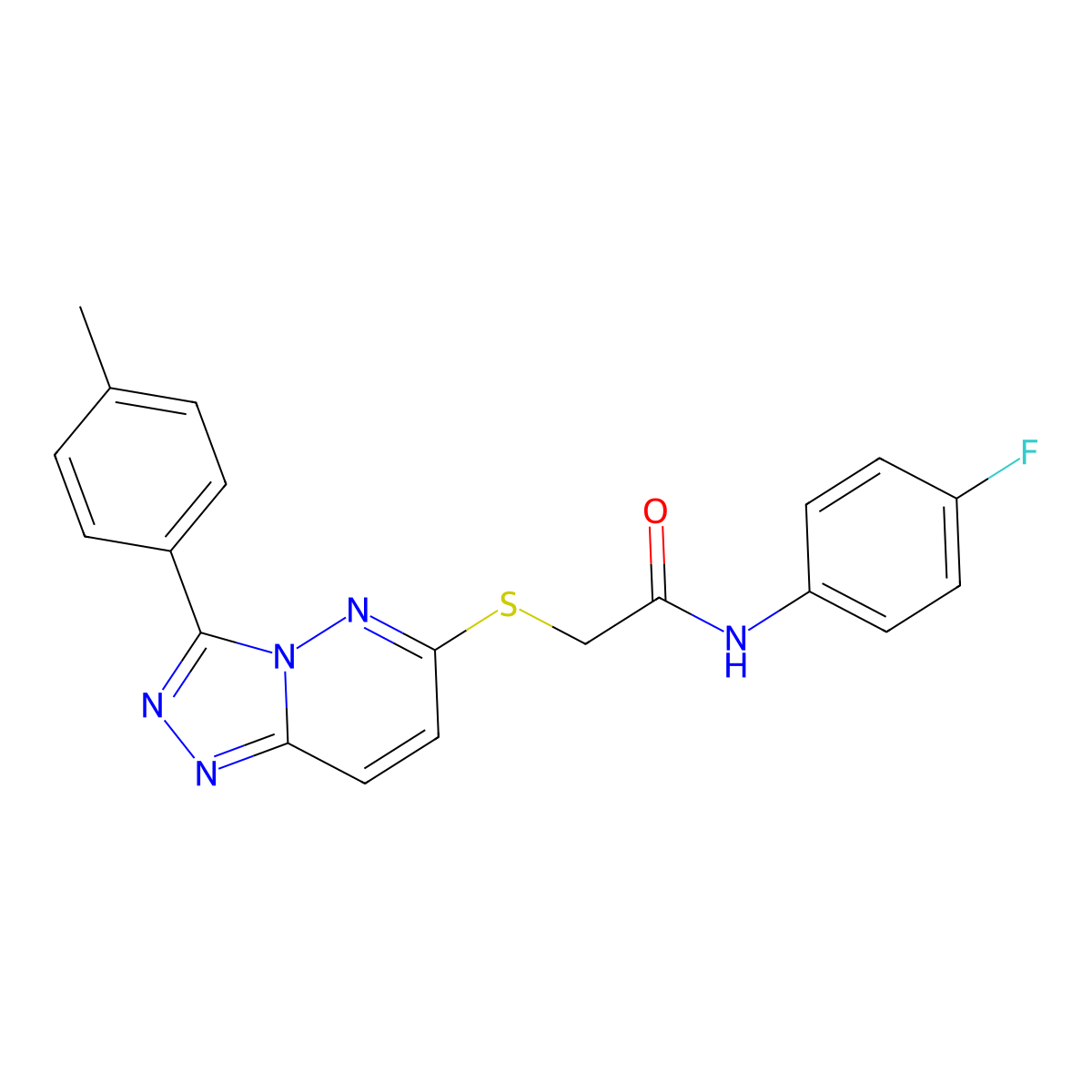 N-(4-fluorophenyl)-2-((3-(p-tolyl)-[1,2,4]triazolo[4,3-b]pyridazin-6-yl)thio)acetamide molecular structure, CAS 852375-51-0