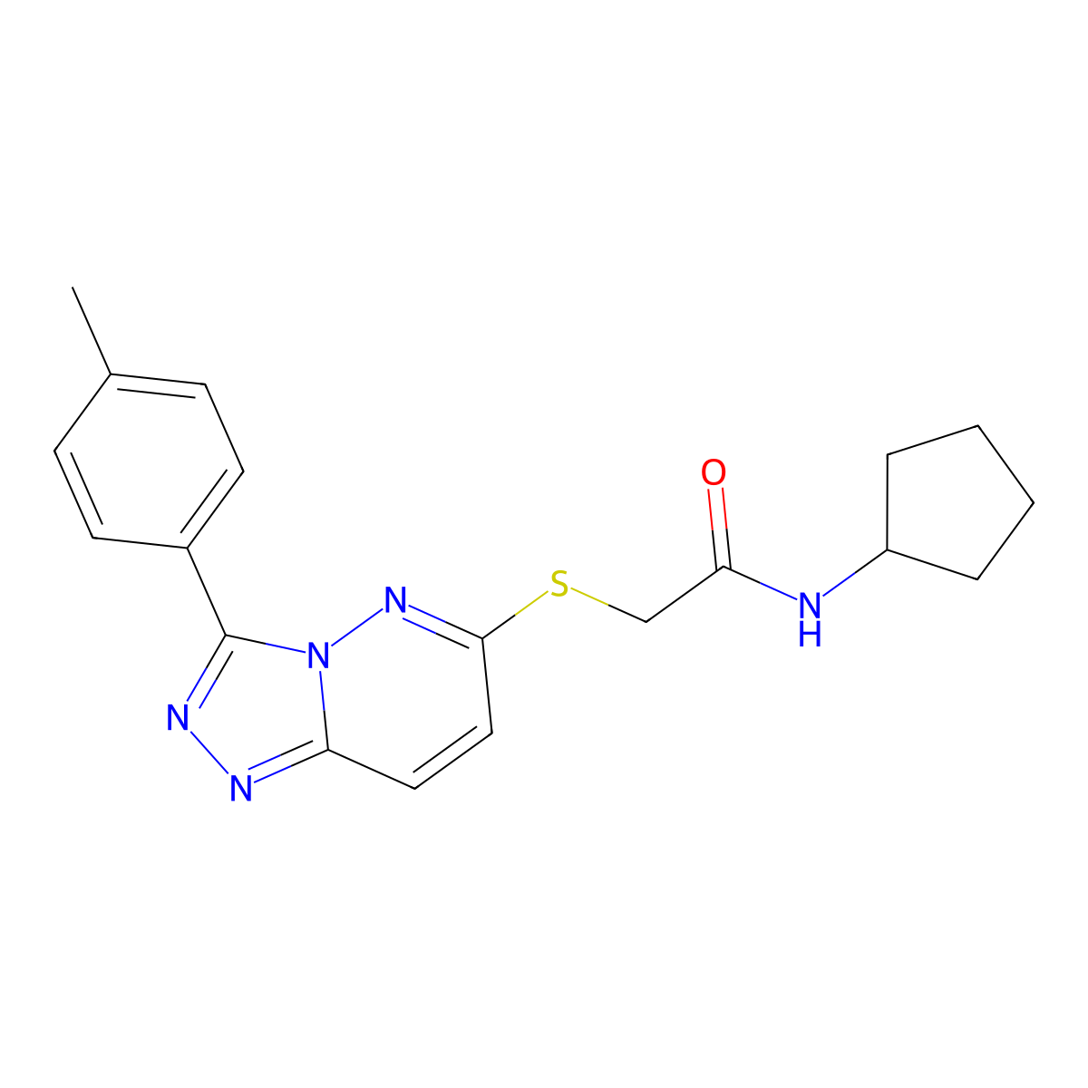 N-cyclopentyl-2-((3-(p-tolyl)-[1,2,4]triazolo[4,3-b]pyridazin-6-yl)thio)acetamide molecular structure, CAS 852375-76-9