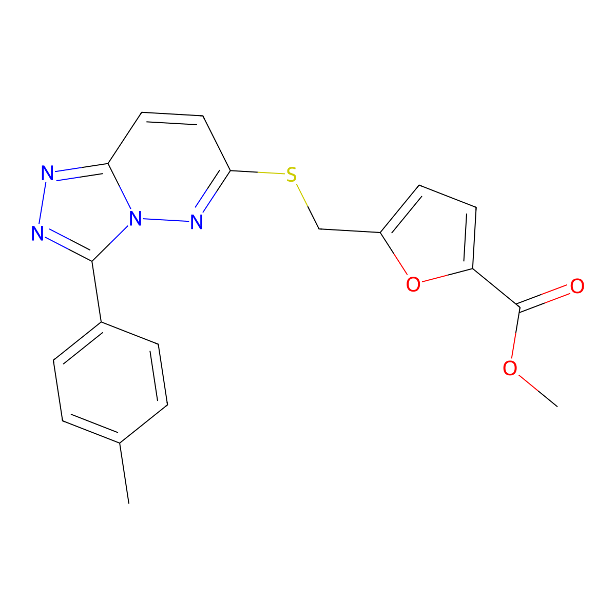 Methyl 5-(((3-(p-tolyl)-[1,2,4]triazolo[4,3-b]pyridazin-6-yl)thio)methyl)furan-2-carboxylate molecular structure, CAS 852375-94-1