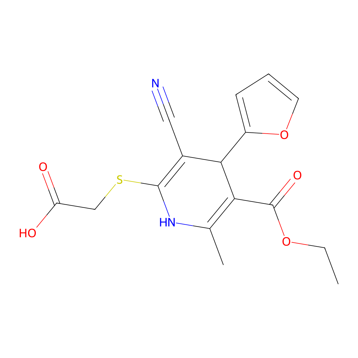 2-{[3-Cyano-5-(ethoxycarbonyl)-4-(furan-2-yl)-6-methyl-1,4-dihydropyridin-2-yl]sulfanyl}acetic acid molecular structure, CAS 852389-14-1