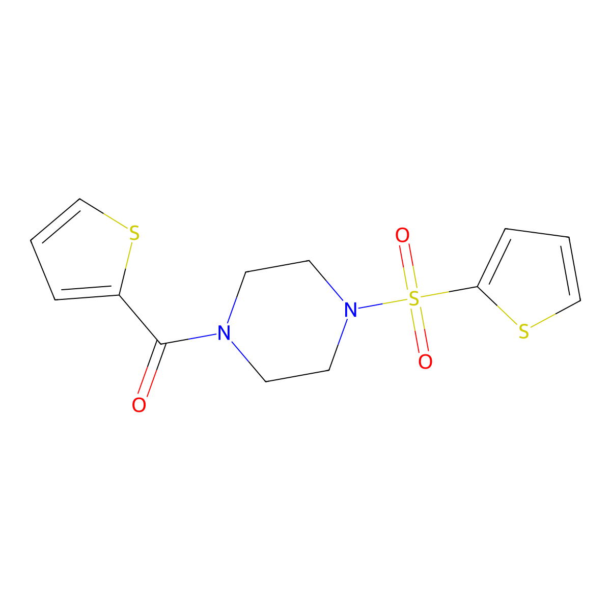 Thiophen-2-yl-(4-thiophen-2-ylsulfonylpiperazin-1-yl)methanone molecular structure, CAS 852398-43-7