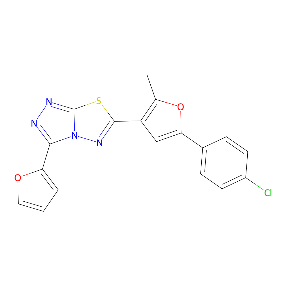 6-[5-(4-Chlorophenyl)-2-methylfuran-3-yl]-3-(furan-2-yl)-[1,2,4]triazolo[3,4-b][1,3,4]thiadiazole molecular structure, CAS 852399-31-6