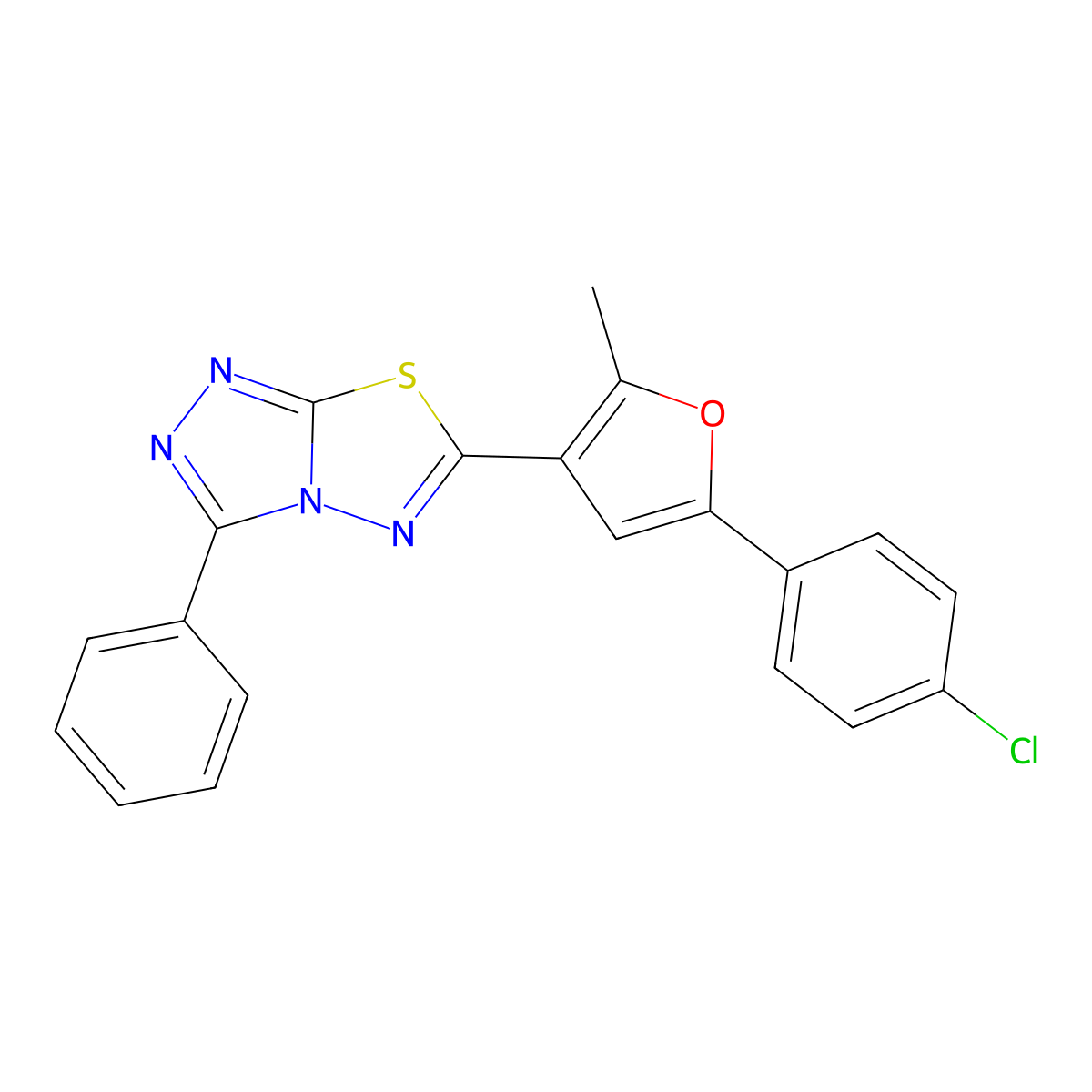 6-[5-(4-Chlorophenyl)-2-methylfuran-3-yl]-3-phenyl[1,2,4]triazolo[3,4-b][1,3,4]thiadiazole molecular structure, CAS 852399-34-9