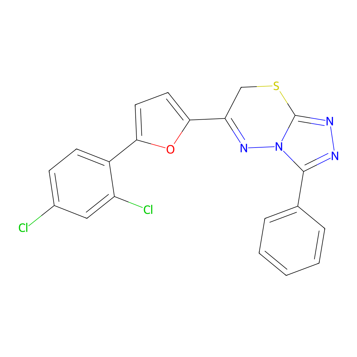 6-[5-(2,4-dichlorophenyl)furan-2-yl]-3-phenyl-7H-[1,2,4]triazolo[3,4-b][1,3,4]thiadiazine molecular structure, CAS 852399-41-8