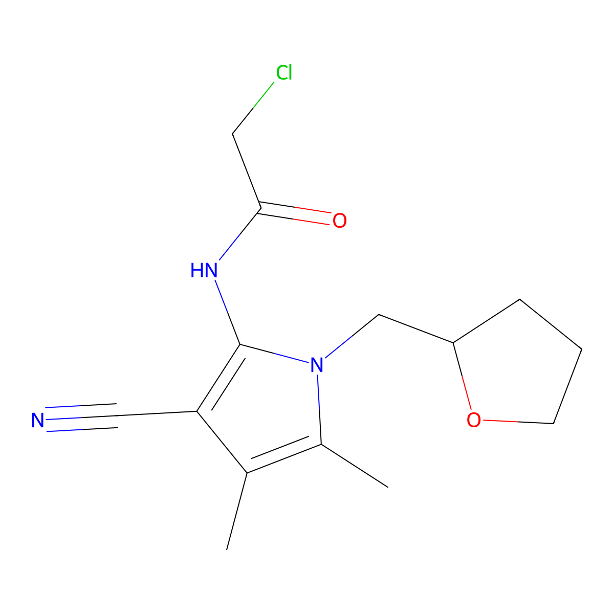 2-chloro-N-(3-cyano-4,5-dimethyl-1-((oxolan-2-yl)methyl)-1H-pyrrol-2-yl)acetamide molecular structure, CAS 852400-21-6