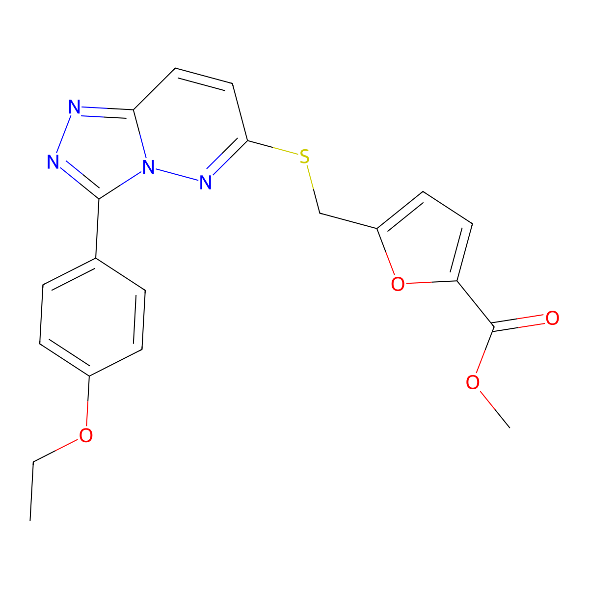 Methyl 5-(((3-(4-ethoxyphenyl)-[1,2,4]triazolo[4,3-b]pyridazin-6-yl)thio)methyl)furan-2-carboxylate molecular structure, CAS 852437-03-7