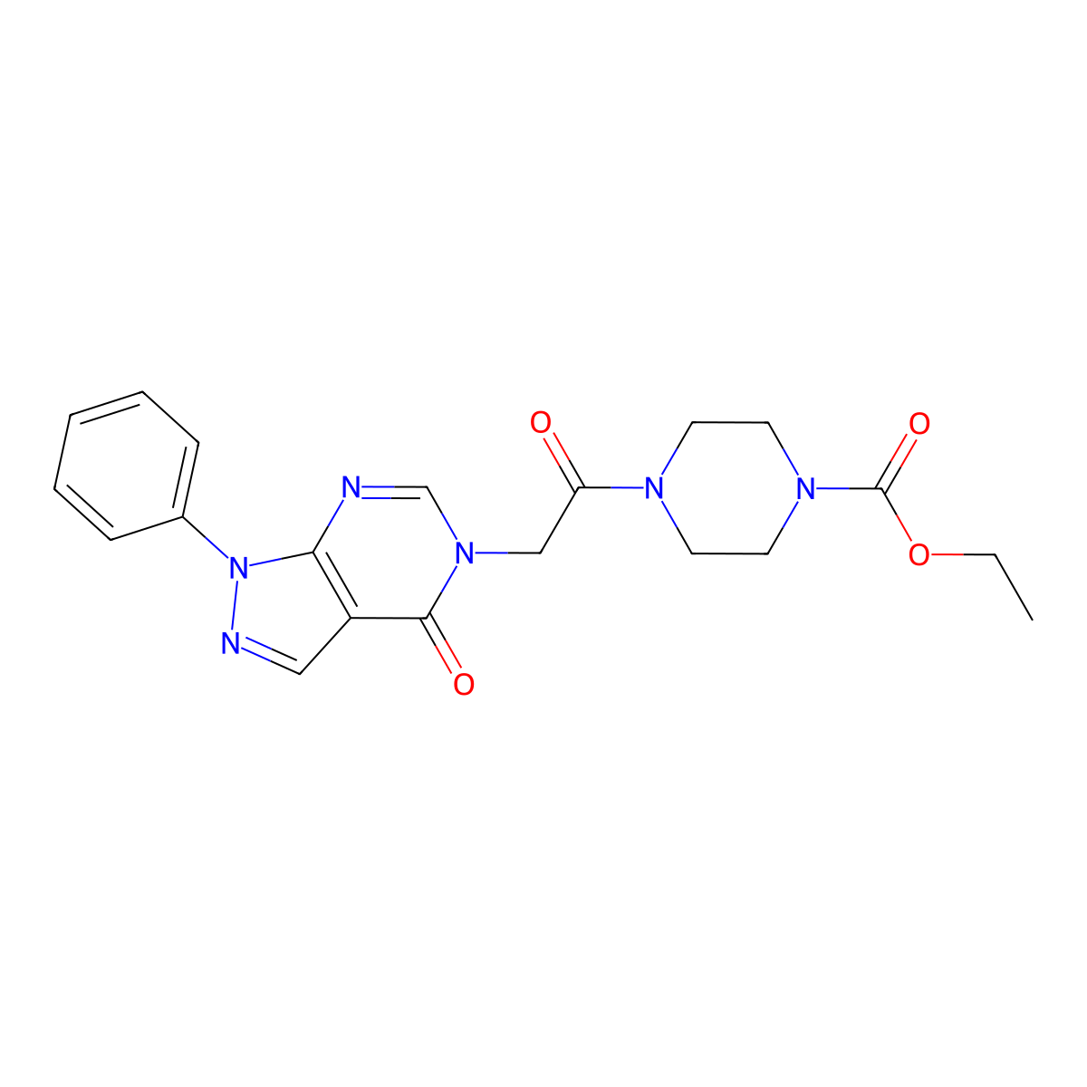 Ethyl 4-[2-(4-oxo-1-phenylpyrazolo[3,4-d]pyrimidin-5-yl)acetyl]piperazine-1-carboxylate molecular structure, CAS 852440-00-7