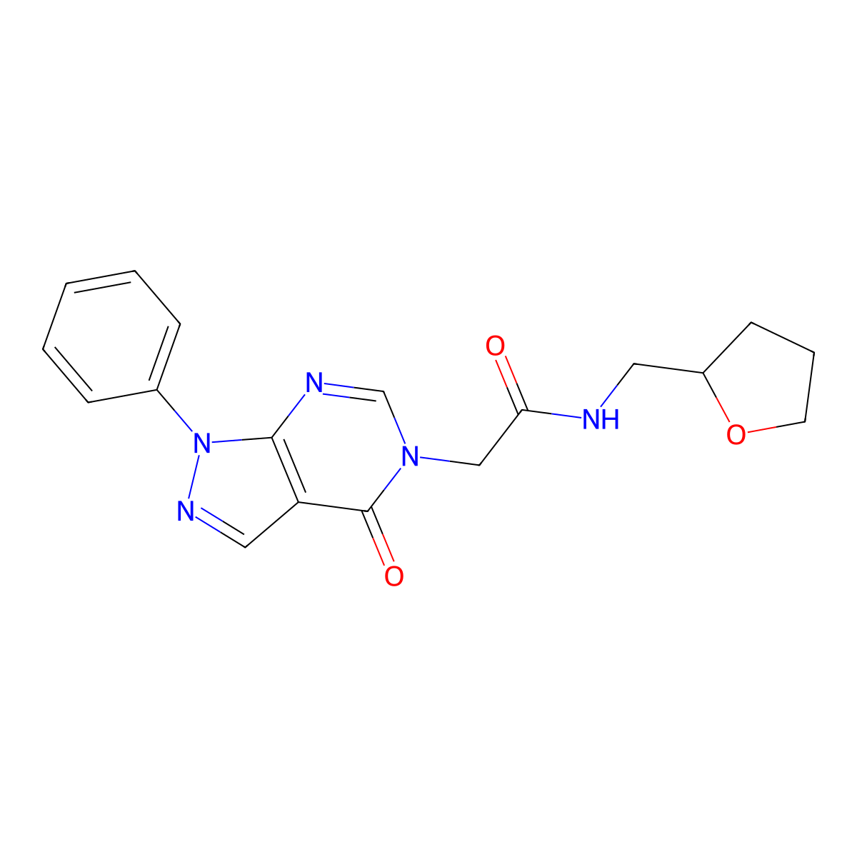 2-(4-oxo-1-phenyl-1H-pyrazolo[3,4-d]pyrimidin-5(4H)-yl)-N-((tetrahydrofuran-2-yl)methyl)acetamide molecular structure, CAS 852440-29-0