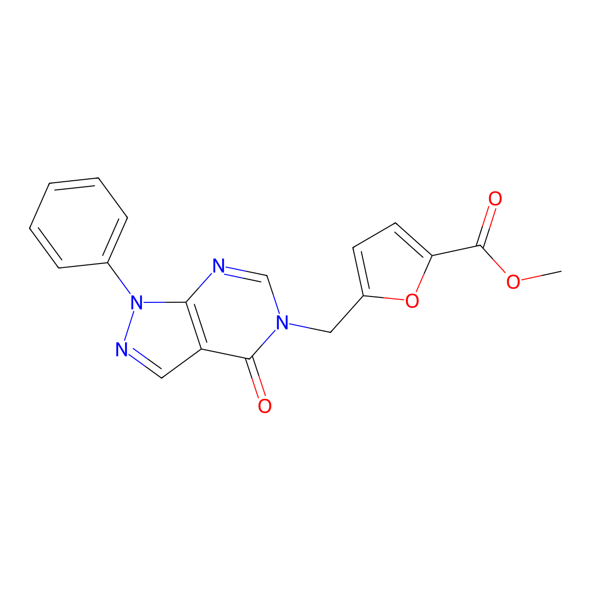 Methyl 5-[(4-oxo-1-phenylpyrazolo[3,4-d]pyrimidin-5-yl)methyl]furan-2-carboxylate molecular structure, CAS 852440-45-0