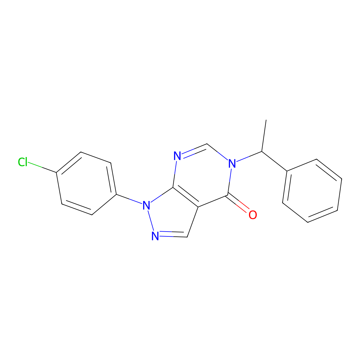 1-(4-chlorophenyl)-5-(1-phenylethyl)-1H-pyrazolo[3,4-d]pyrimidin-4(5H)-one molecular structure, CAS 852441-39-5