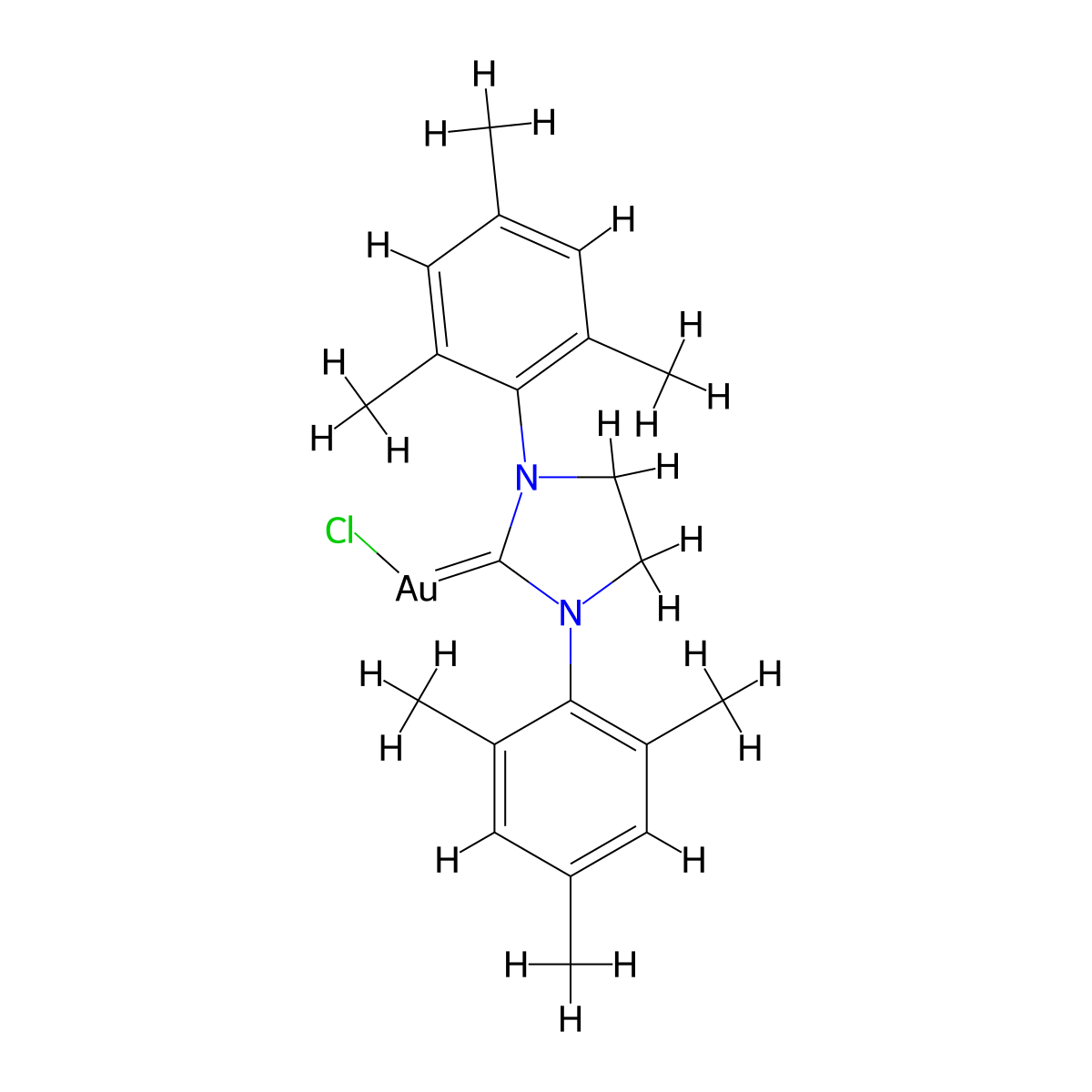 Chloro[1,3-bis(2,4,6-trimethylphenyl)-4,5-dihydroimidazol-2-ylidene]gold(I) molecular structure, CAS 852445-82-0
