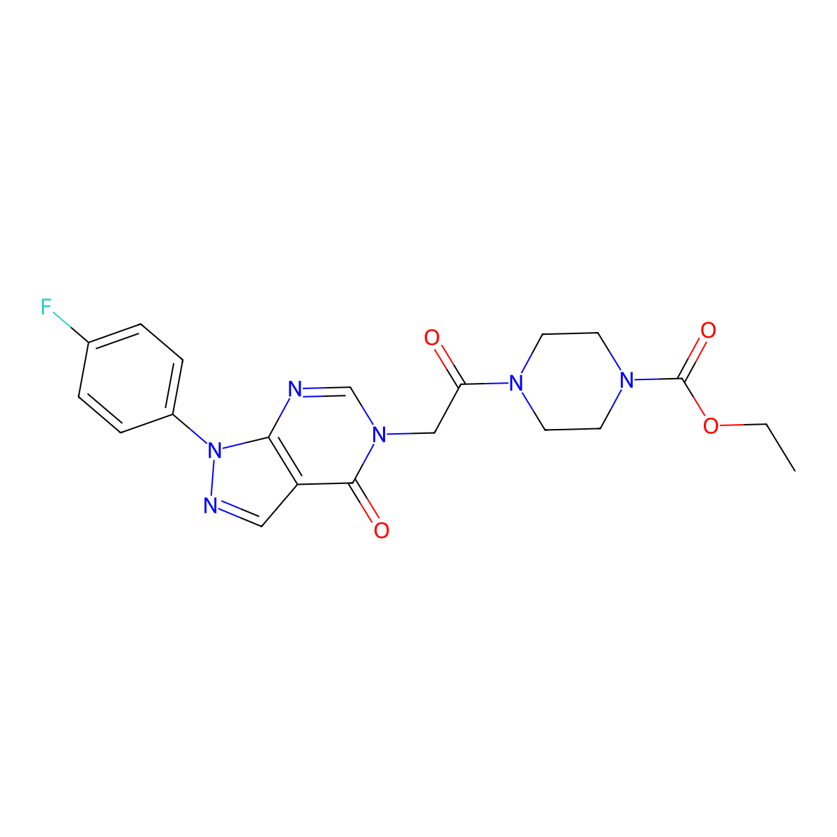 ethyl 4-(2-(1-(4-fluorophenyl)-4-oxo-1H-pyrazolo[3,4-d]pyrimidin-5(4H)-yl)acetyl)piperazine-1-carboxylate molecular structure, CAS 852450-22-7