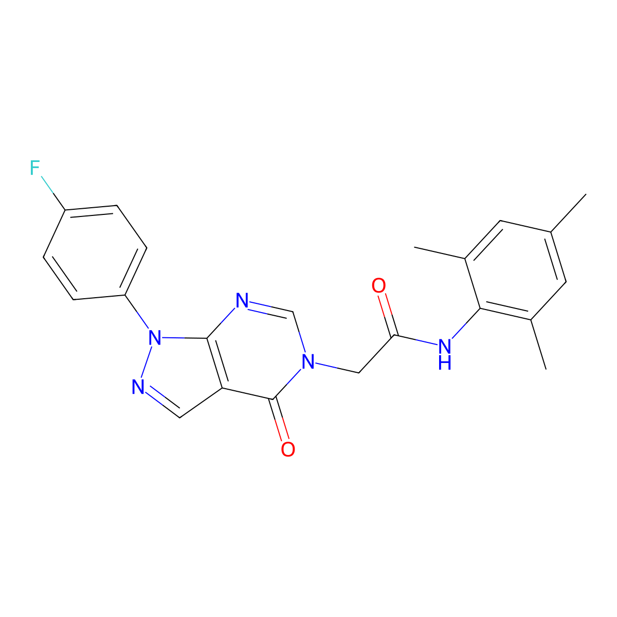 2-(1-(4-fluorophenyl)-4-oxo-1H-pyrazolo[3,4-d]pyrimidin-5(4H)-yl)-N-mesitylacetamide molecular structure, CAS 852450-35-2
