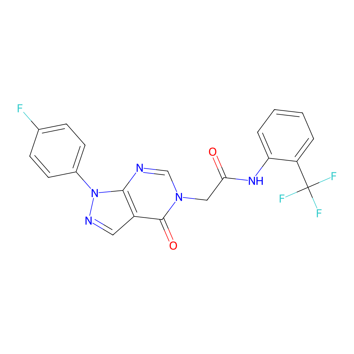 2-(1-(4-fluorophenyl)-4-oxo-1H-pyrazolo[3,4-d]pyrimidin-5(4H)-yl)-N-(2-(trifluoromethyl)phenyl)acetamide molecular structure, CAS 852450-57-8