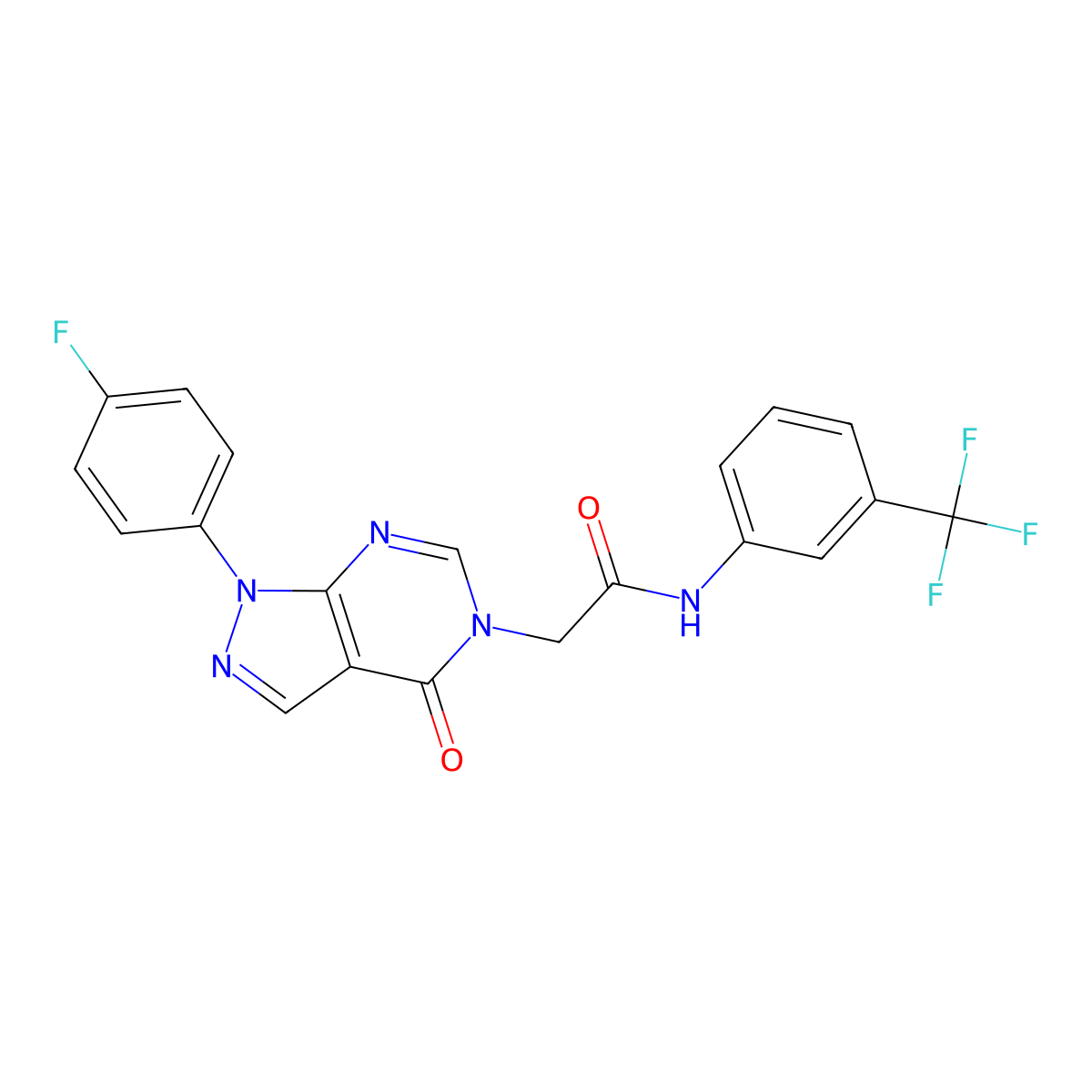 2-(1-(4-fluorophenyl)-4-oxo-1H-pyrazolo[3,4-d]pyrimidin-5(4H)-yl)-N-(3-(trifluoromethyl)phenyl)acetamide molecular structure, CAS 852450-58-9