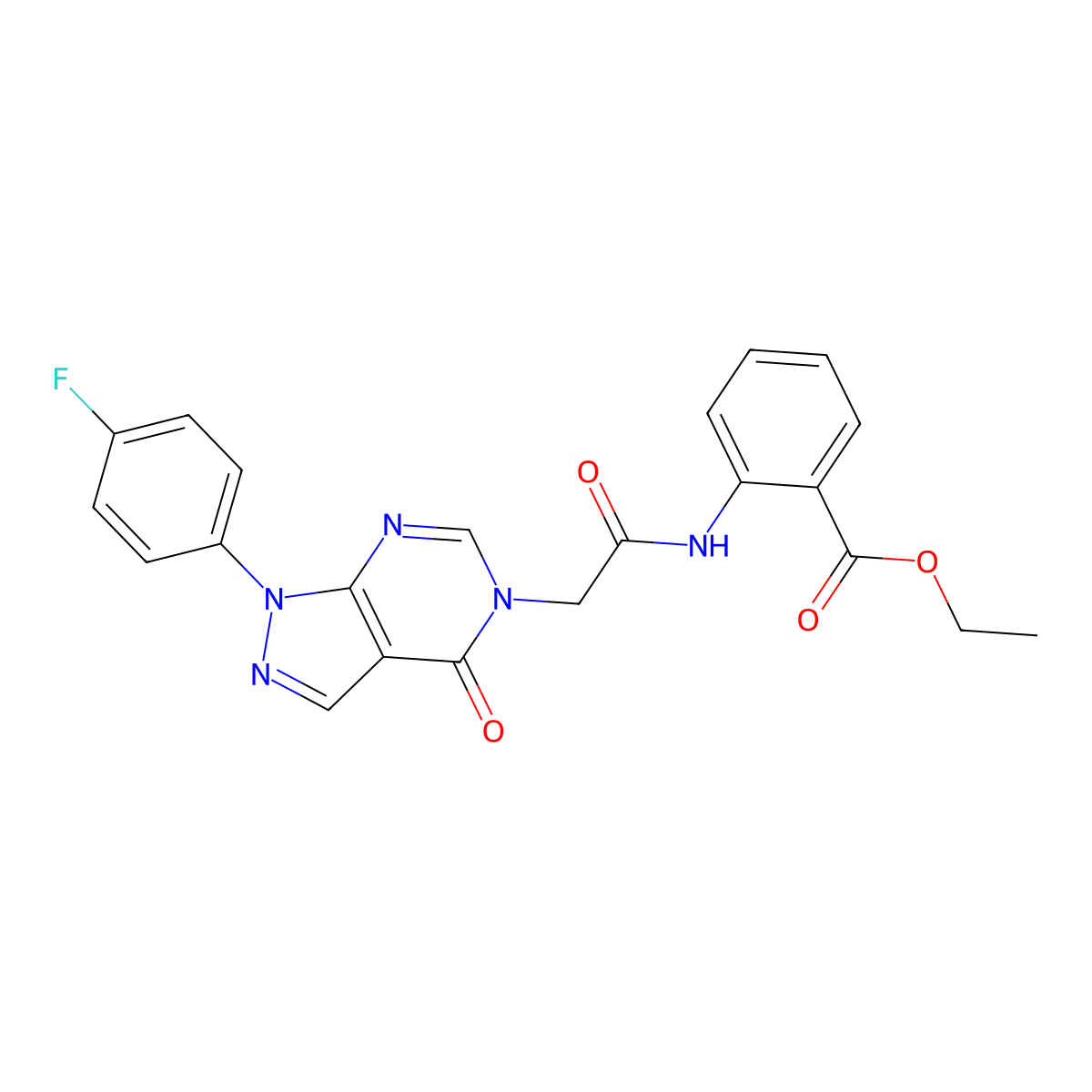 ethyl 2-(2-(1-(4-fluorophenyl)-4-oxo-1H-pyrazolo[3,4-d]pyrimidin-5(4H)-yl)acetamido)benzoate molecular structure, CAS 852450-63-6