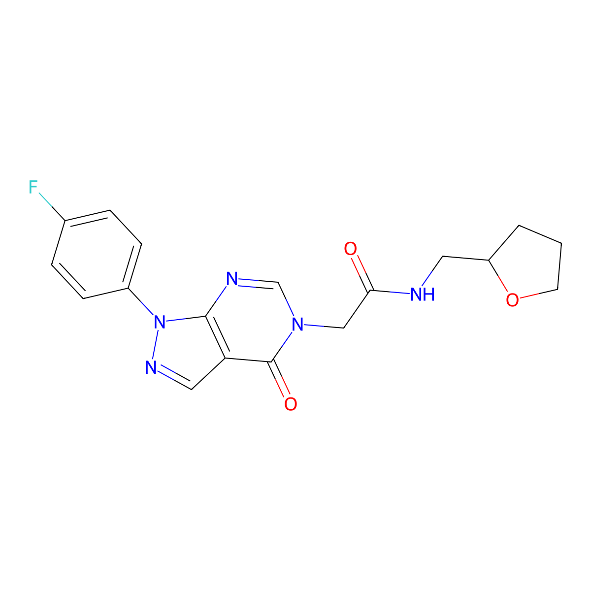 2-(1-(4-fluorophenyl)-4-oxo-1H-pyrazolo[3,4-d]pyrimidin-5(4H)-yl)-N-((tetrahydrofuran-2-yl)methyl)acetamide molecular structure, CAS 852450-75-0