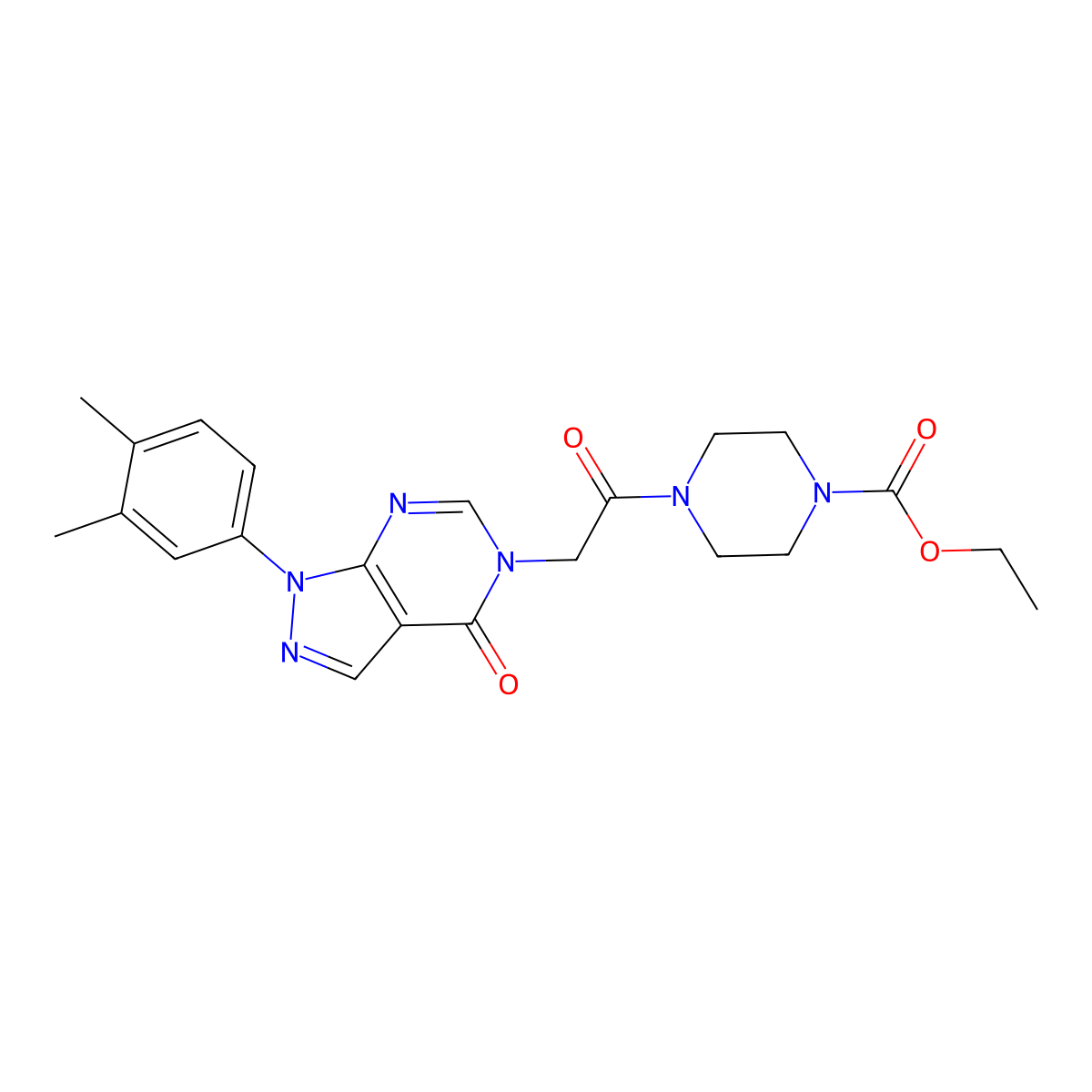 ethyl 4-(2-(1-(3,4-dimethylphenyl)-4-oxo-1H-pyrazolo[3,4-d]pyrimidin-5(4H)-yl)acetyl)piperazine-1-carboxylate molecular structure, CAS 852451-19-5