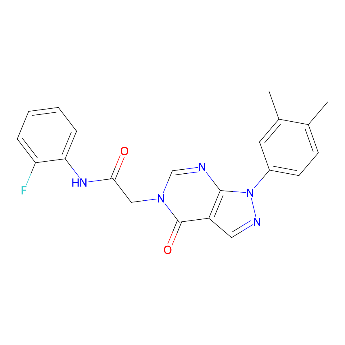 2-(1-(3,4-dimethylphenyl)-4-oxo-1H-pyrazolo[3,4-d]pyrimidin-5(4H)-yl)-N-(2-fluorophenyl)acetamide molecular structure, CAS 852451-32-2