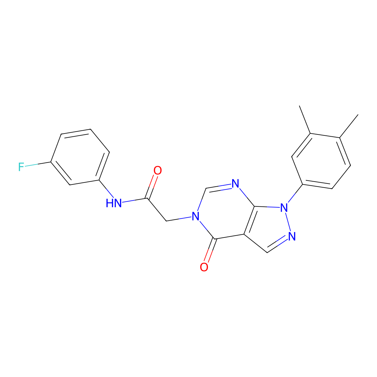 2-(1-(3,4-dimethylphenyl)-4-oxo-1H-pyrazolo[3,4-d]pyrimidin-5(4H)-yl)-N-(3-fluorophenyl)acetamide molecular structure, CAS 852451-33-3