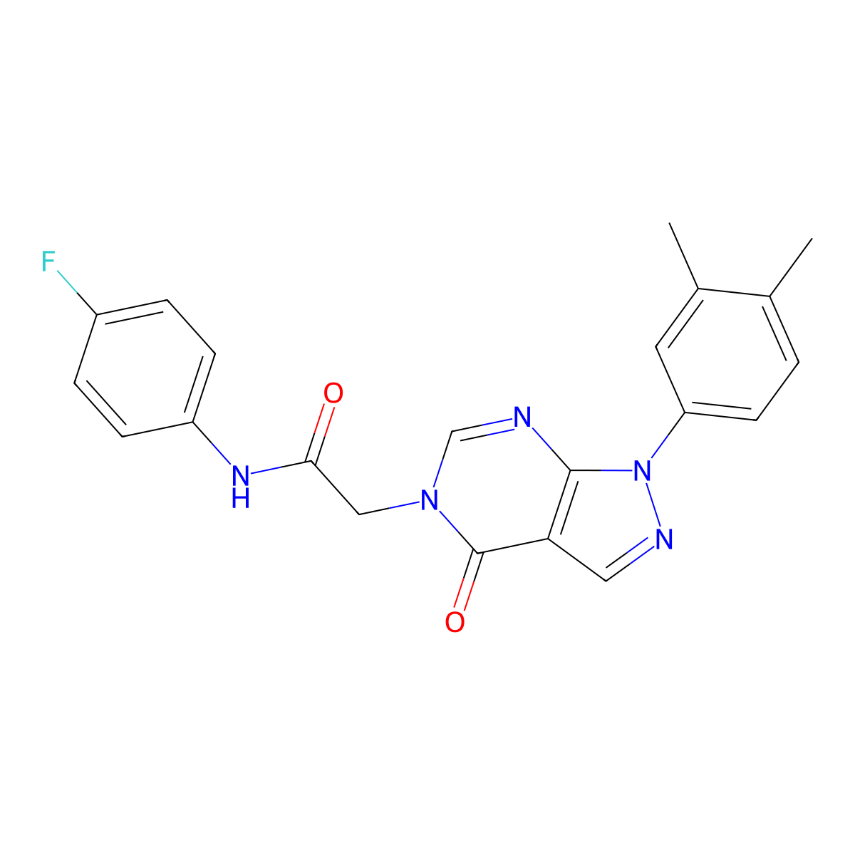 2-(1-(3,4-dimethylphenyl)-4-oxo-1H-pyrazolo[3,4-d]pyrimidin-5(4H)-yl)-N-(4-fluorophenyl)acetamide molecular structure, CAS 852451-34-4