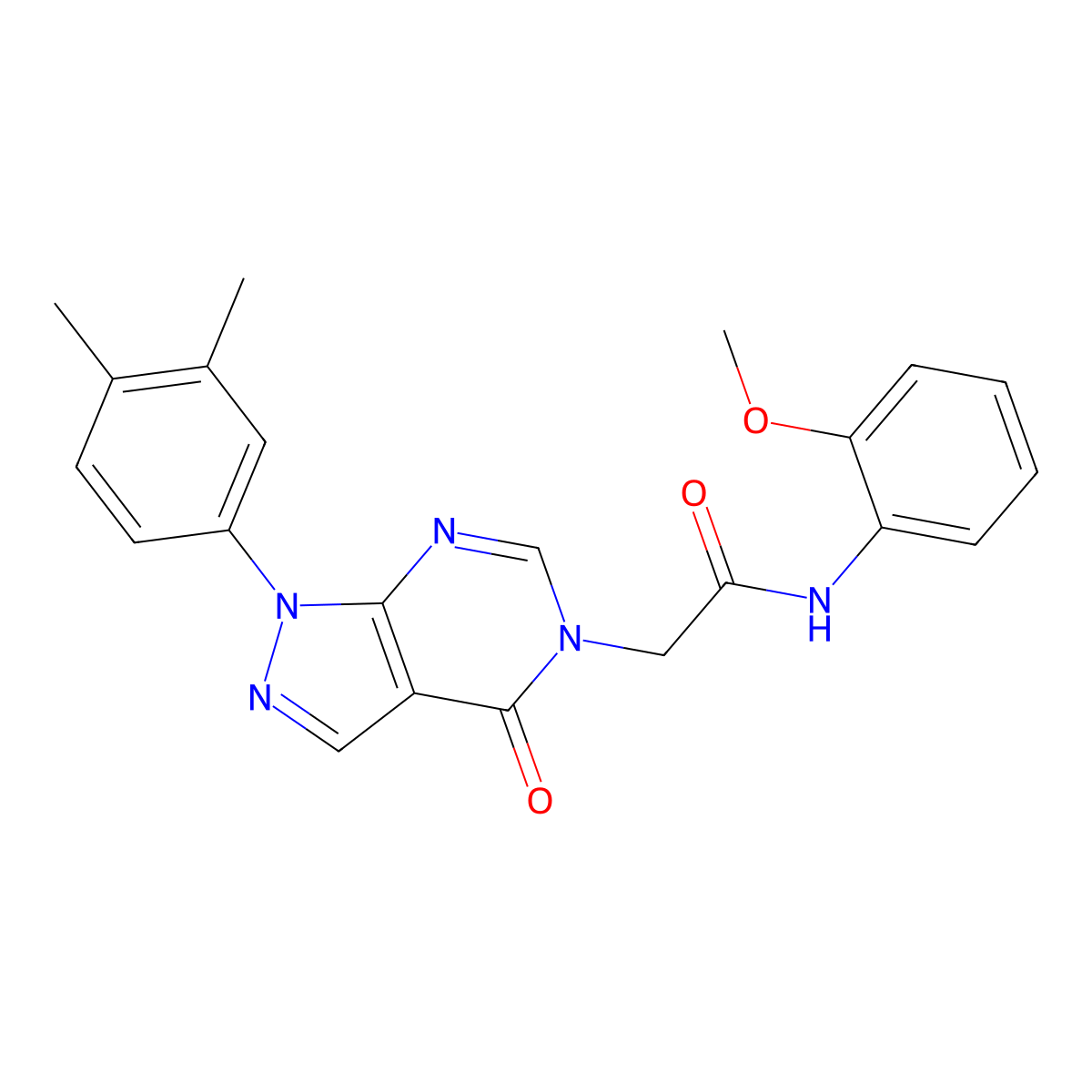 2-(1-(3,4-dimethylphenyl)-4-oxo-1H-pyrazolo[3,4-d]pyrimidin-5(4H)-yl)-N-(2-methoxyphenyl)acetamide molecular structure, CAS 852451-42-4