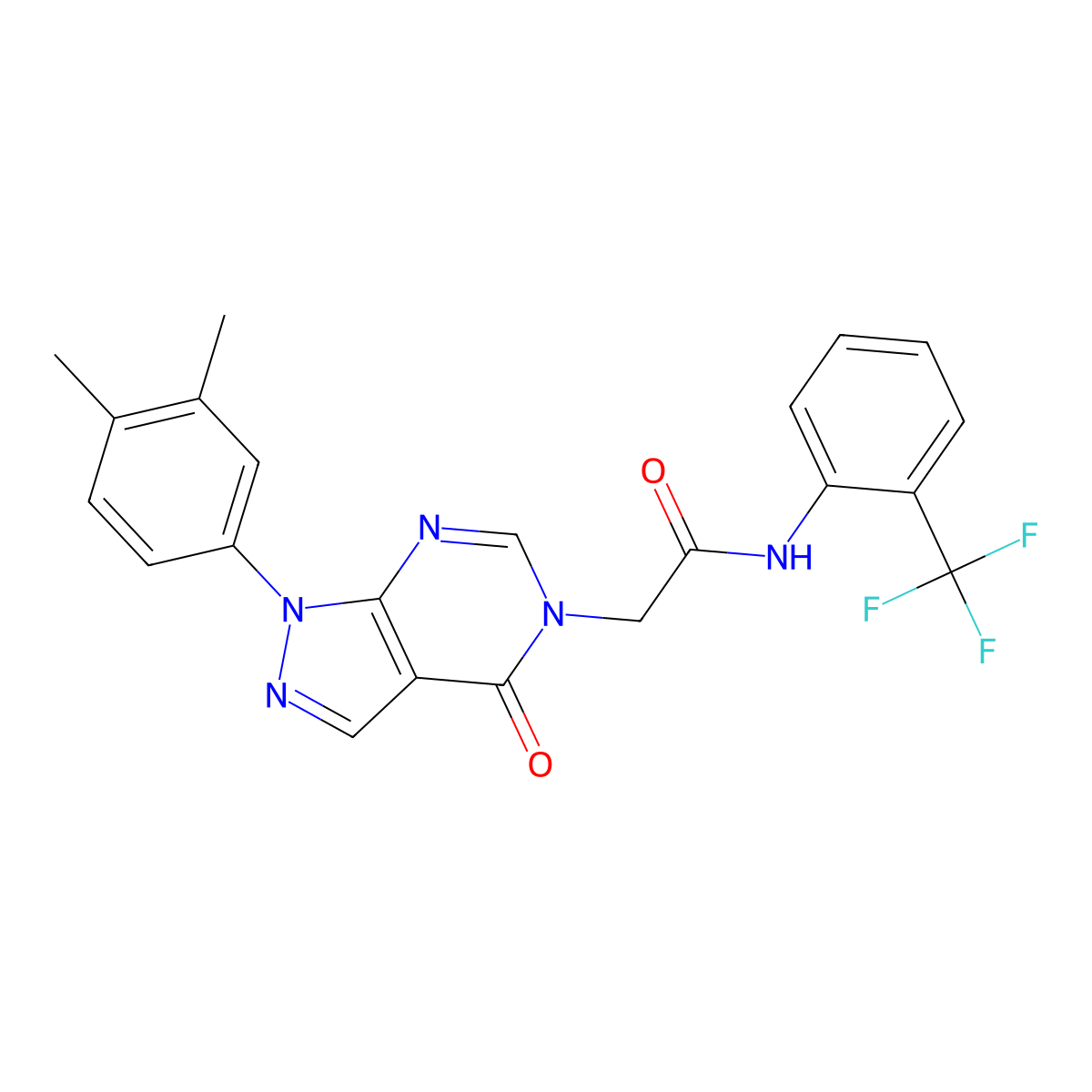2-(1-(3,4-dimethylphenyl)-4-oxo-1H-pyrazolo[3,4-d]pyrimidin-5(4H)-yl)-N-(2-(trifluoromethyl)phenyl)acetamide molecular structure, CAS 852451-51-5
