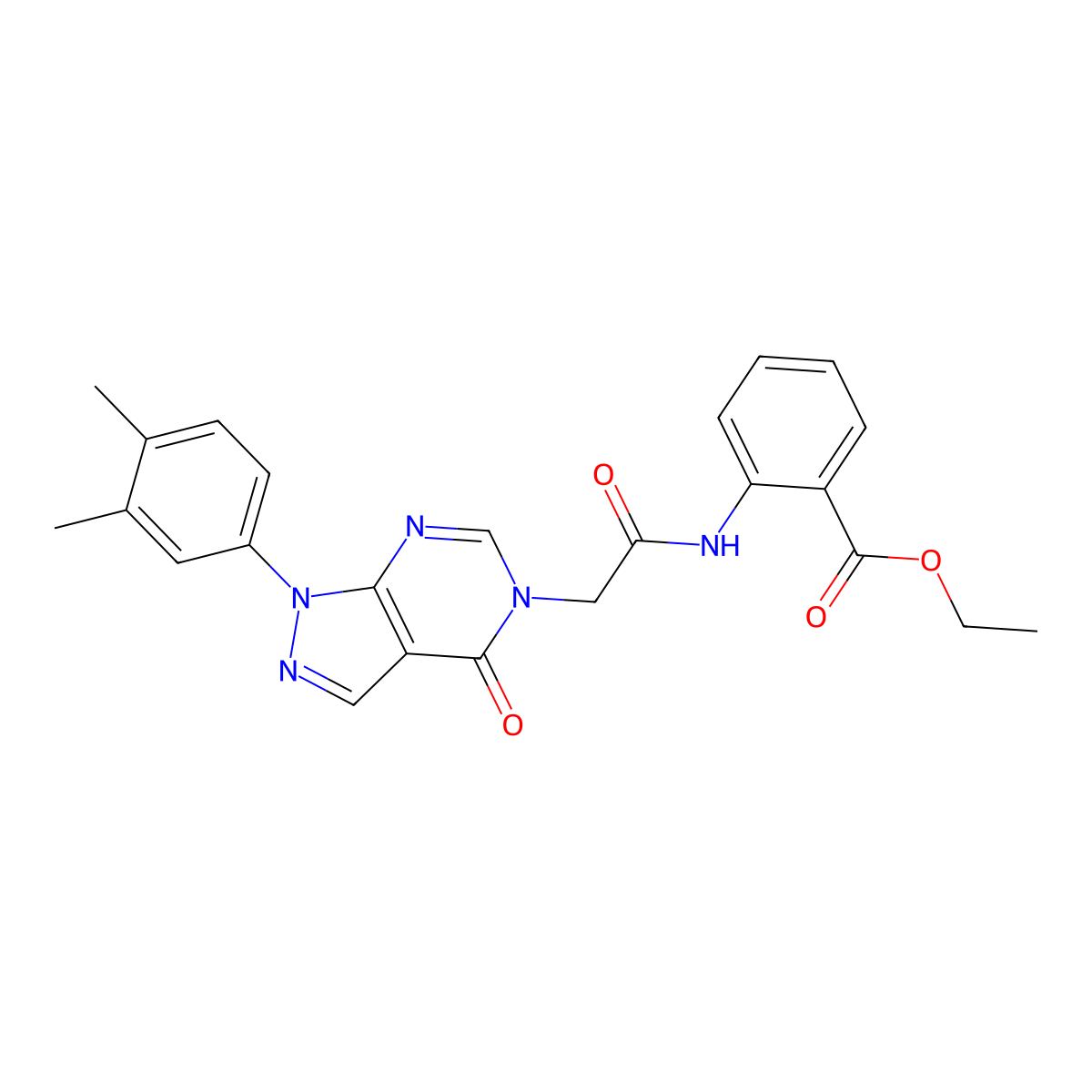 ethyl 2-(2-(1-(3,4-dimethylphenyl)-4-oxo-1H-pyrazolo[3,4-d]pyrimidin-5(4H)-yl)acetamido)benzoate molecular structure, CAS 852451-56-0