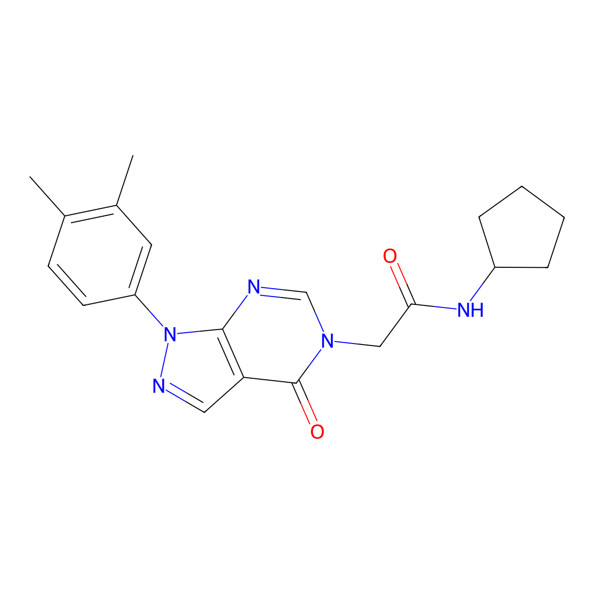 N-cyclopentyl-2-(1-(3,4-dimethylphenyl)-4-oxo-1H-pyrazolo[3,4-d]pyrimidin-5(4H)-yl)acetamide molecular structure, CAS 852451-63-9