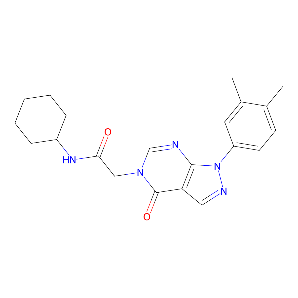 N-cyclohexyl-2-(1-(3,4-dimethylphenyl)-4-oxo-1H-pyrazolo[3,4-d]pyrimidin-5(4H)-yl)acetamide molecular structure, CAS 852451-65-1