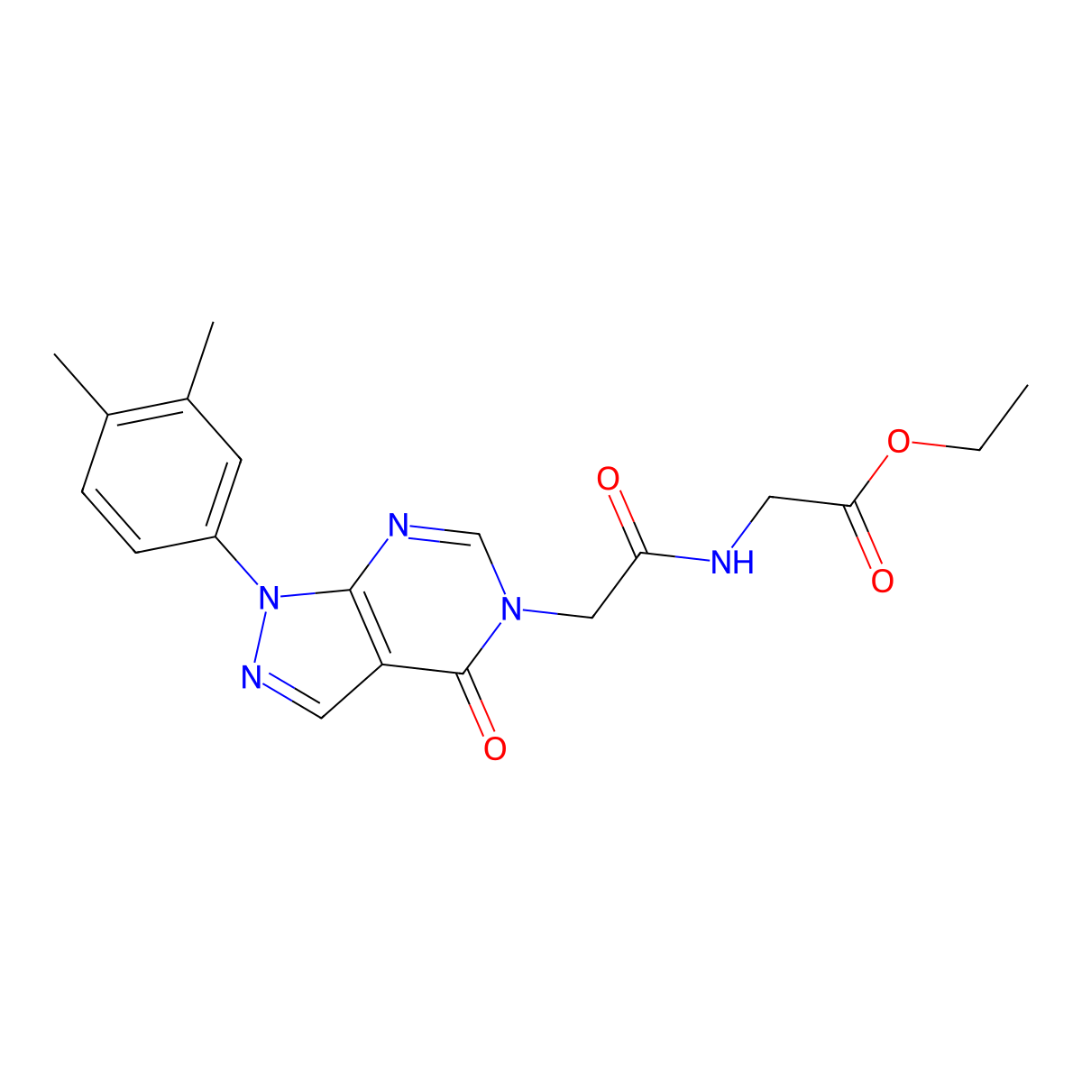 ethyl 2-(2-(1-(3,4-dimethylphenyl)-4-oxo-1H-pyrazolo[3,4-d]pyrimidin-5(4H)-yl)acetamido)acetate molecular structure, CAS 852451-67-3