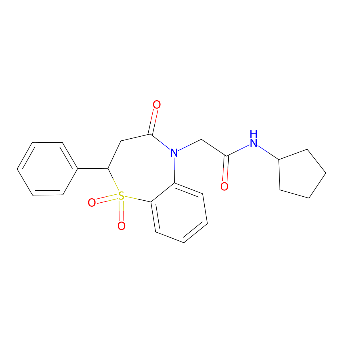 N-cyclopentyl-2-(1,1-dioxido-4-oxo-2-phenyl-3,4-dihydro-1,5-benzothiazepin-5(2H)-yl)acetamide molecular structure, CAS 852452-23-4