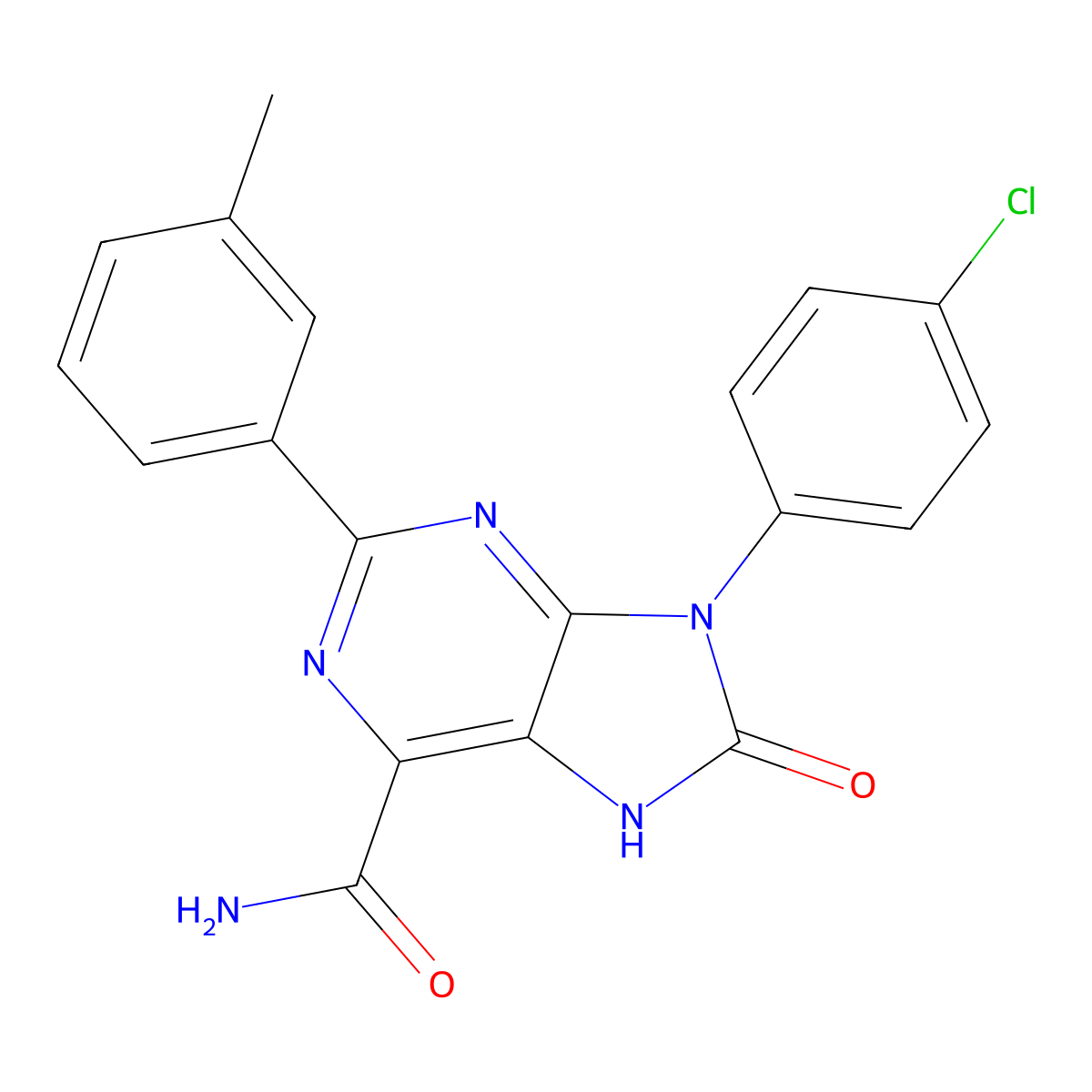 9-(4-chlorophenyl)-2-(3-methylphenyl)-8-oxo-8,9-dihydro-7H-purine-6-carboxamide molecular structure, CAS 852453-10-2