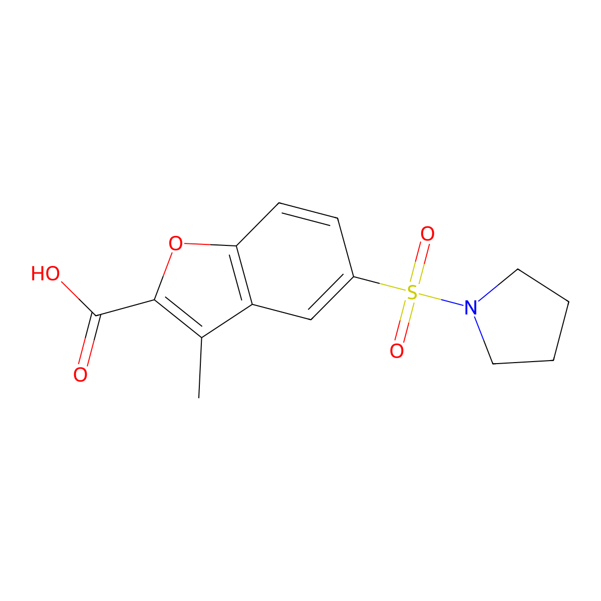 3-Methyl-5-(pyrrolidine-1-sulfonyl)-1-benzofuran-2-carboxylic acid molecular structure, CAS 852453-92-0