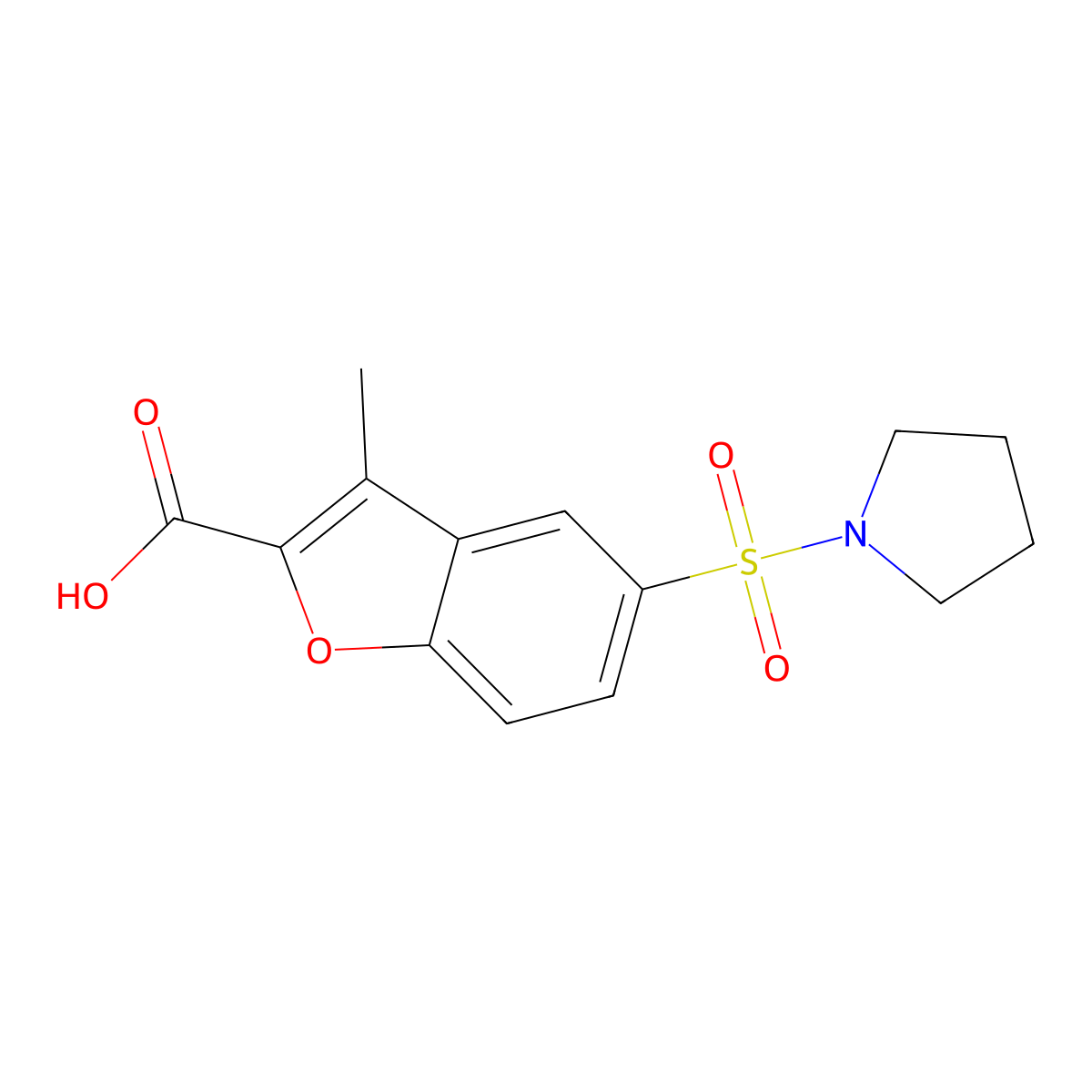 3-Methyl-5-(pyrrolidine-1-sulfonyl)-1-benzofuran-2-carboxylic acid molecular structure, CAS 852453-92-0