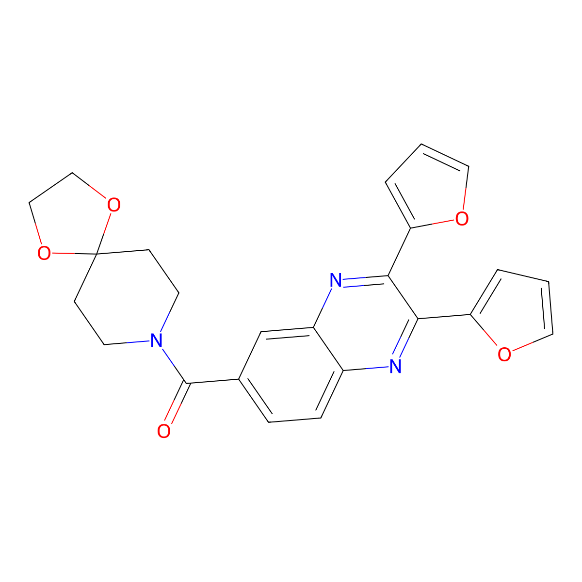 [2,3-Bis(furan-2-yl)quinoxalin-6-yl]-(1,4-dioxa-8-azaspiro[4.5]decan-8-yl)methanone molecular structure, CAS 852454-89-8